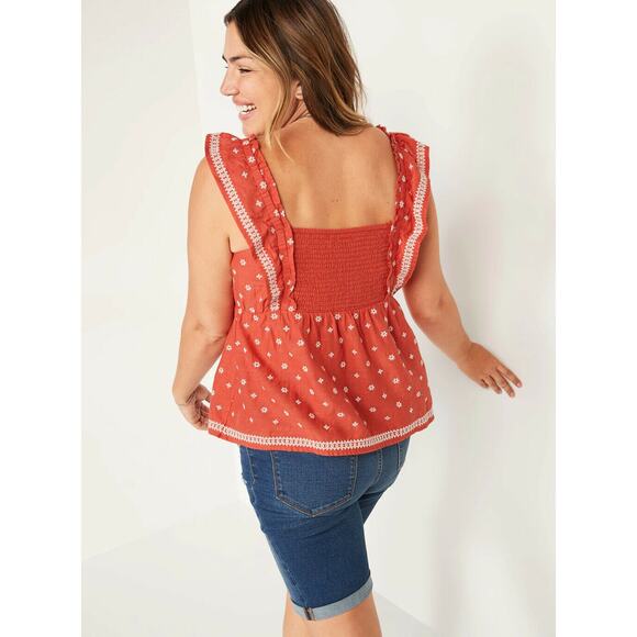 Old Navy Sleeveless Ruffled Embroidered Linen Blend Babydoll Print Top XXL - Picture 3 of 6